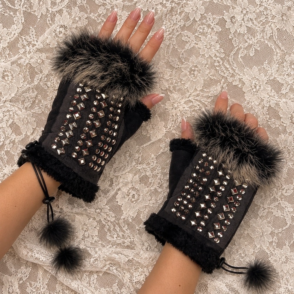 Black Studded Fingerless Gloves Fur Trim Boho Y2K Indie Sleaze Grunge Mall Goth